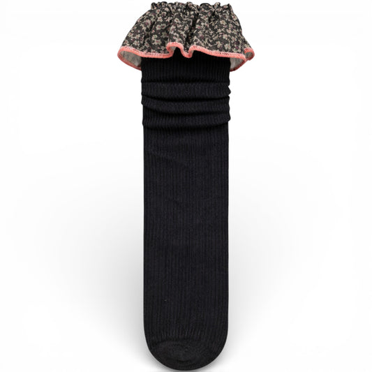 Black - Ribbed children’s sock with cotton paisley frilled trim, un-heeled design