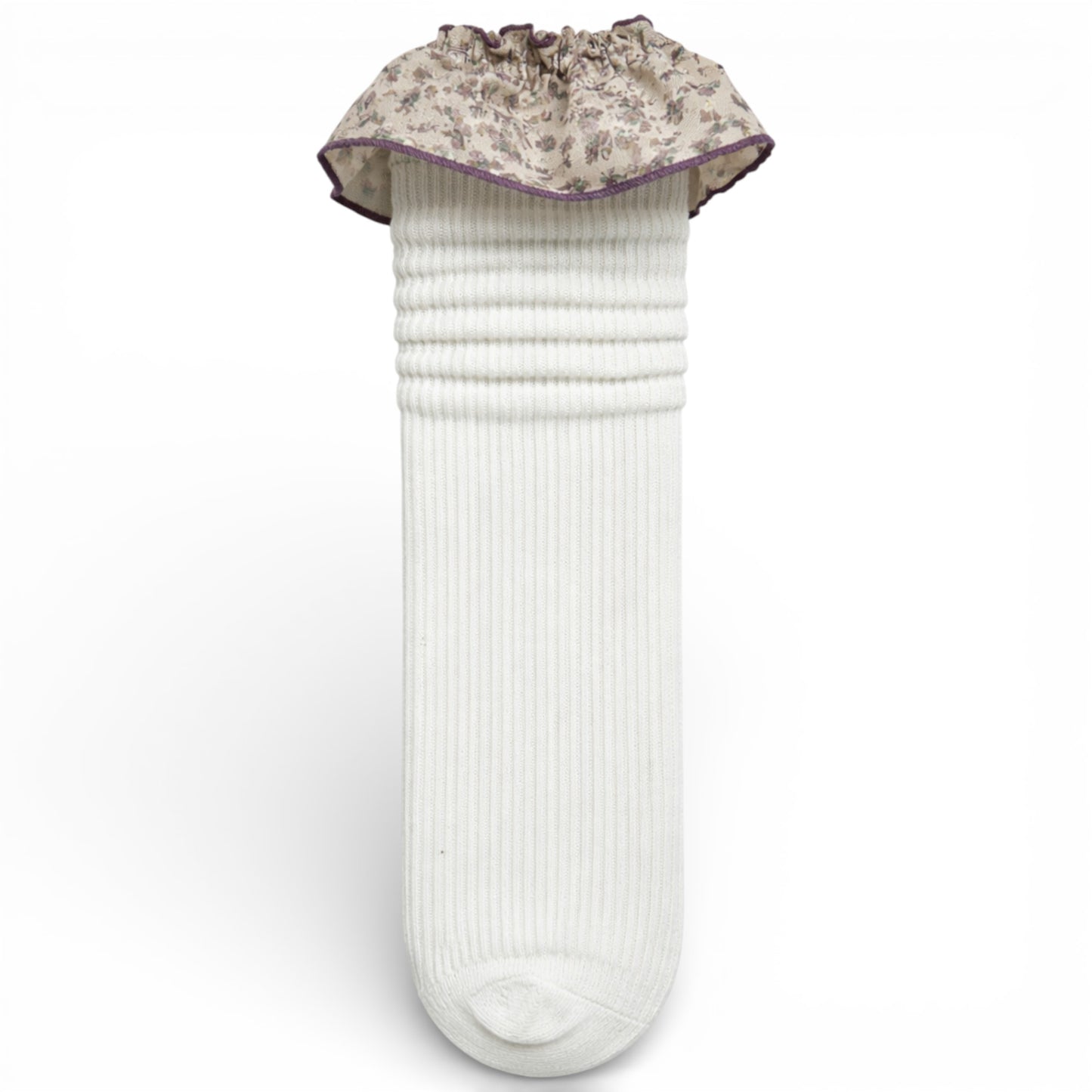 White - Ribbed children’s sock with cotton paisley frilled trim, unheeled design