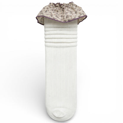 White - Ribbed children’s sock with cotton paisley frilled trim, unheeled design