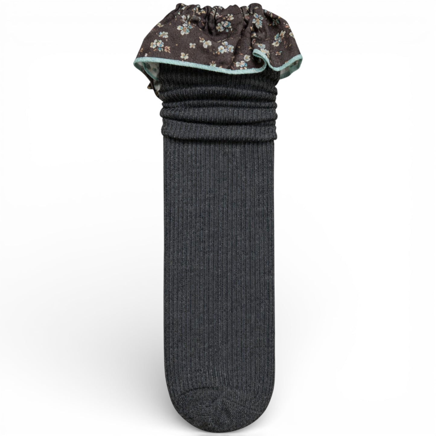 Charcoal - Ribbed children’s sock with cotton paisley frilled trim, un-heeled design