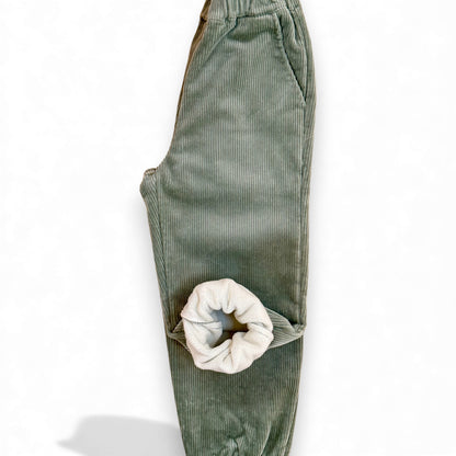 Close-up of green chunky corduroy fabric showing soft fleece lining and ribbed texture from That’s Not Fair London