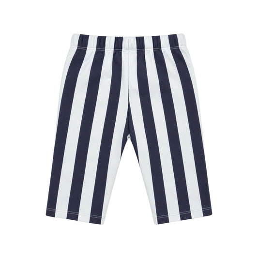 Back view of the Circus Pants by That’s Not Fair London, featuring navy and cream vertical stripes, an elasticated waistband and a cream drawstring.