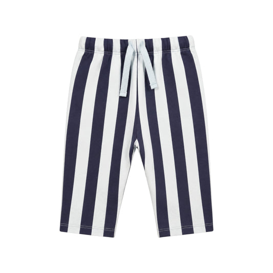 Circus Pants by That’s Not Fair London, navy and cream wide-striped children’s trousers with an elasticated waistband.