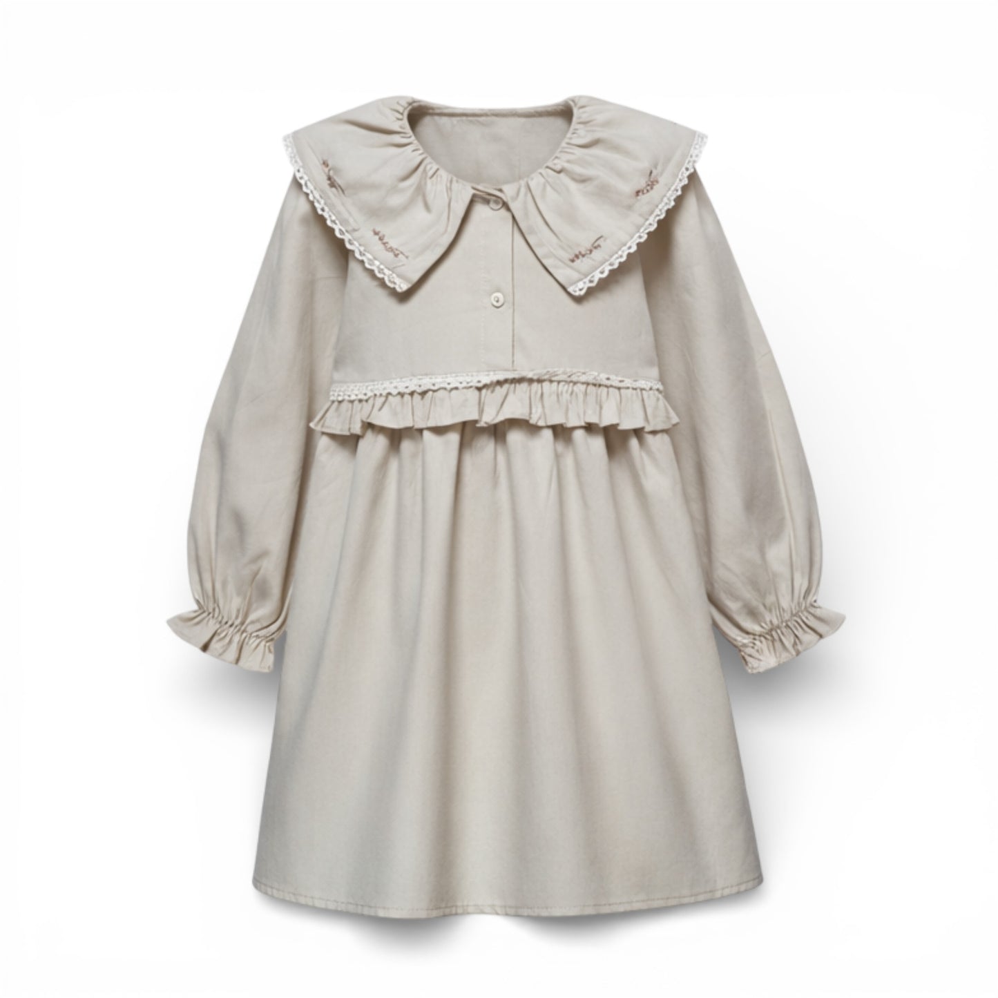 Beige dress with ruffled collar on a white background