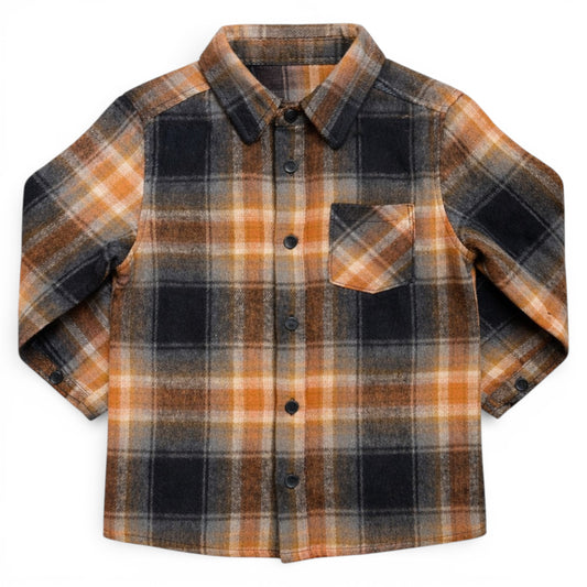 Cooper lumberjack shirt, check flannel shirt children, kids flannel overshirt, drop shoulder children’s shirt, popper fastening shirt, classic workwear kids, heritage childrenswear, That’s Not Fair London shirt