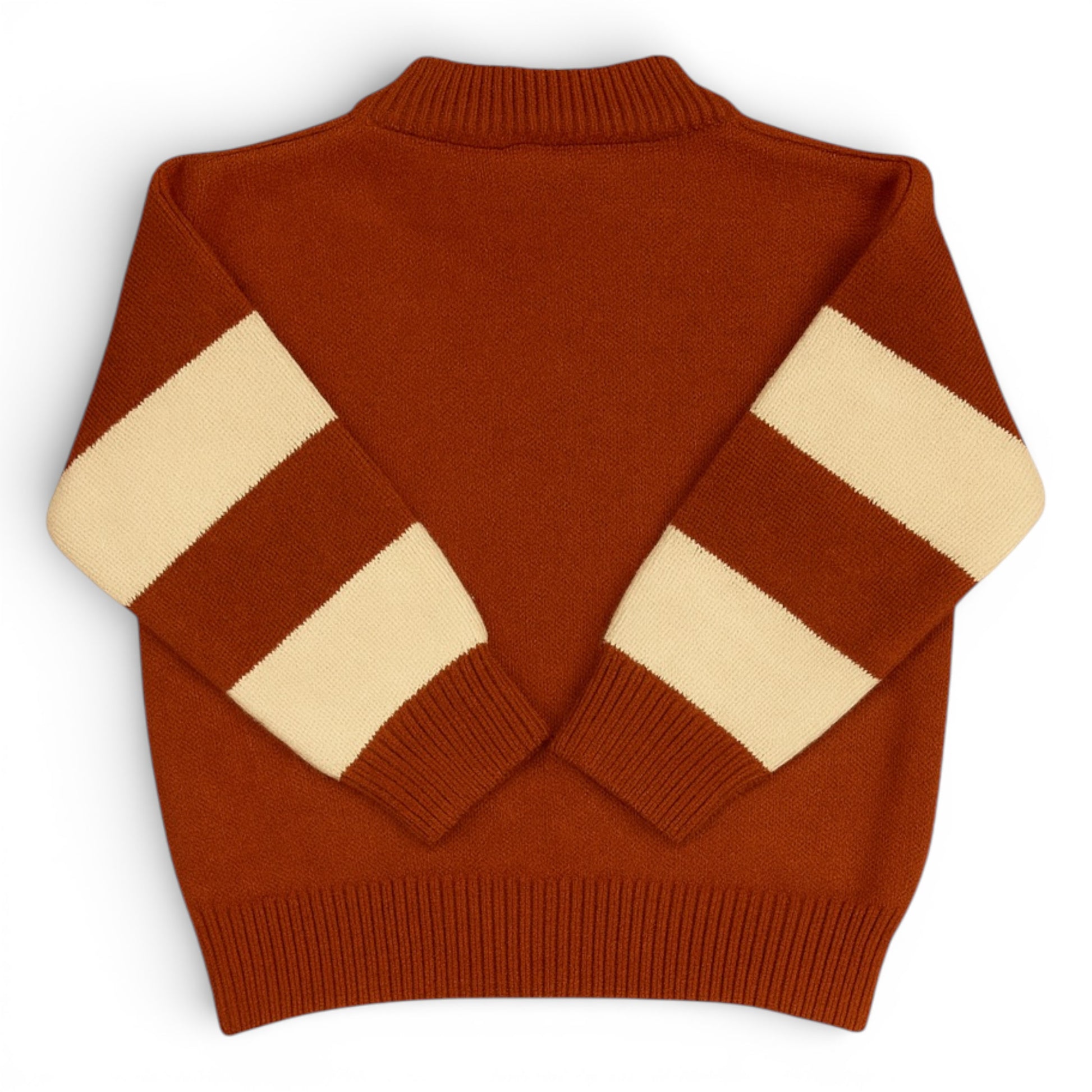 Children’s rust knit jumper with striped sleeves and knitted bear motif by That’s Not Fair London