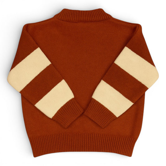 Children’s rust knit jumper with striped sleeves and knitted bear motif by That’s Not Fair London