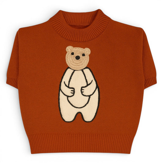 Children’s rust knit jumper with striped sleeves and part knitted bear motif by That’s Not Fair London