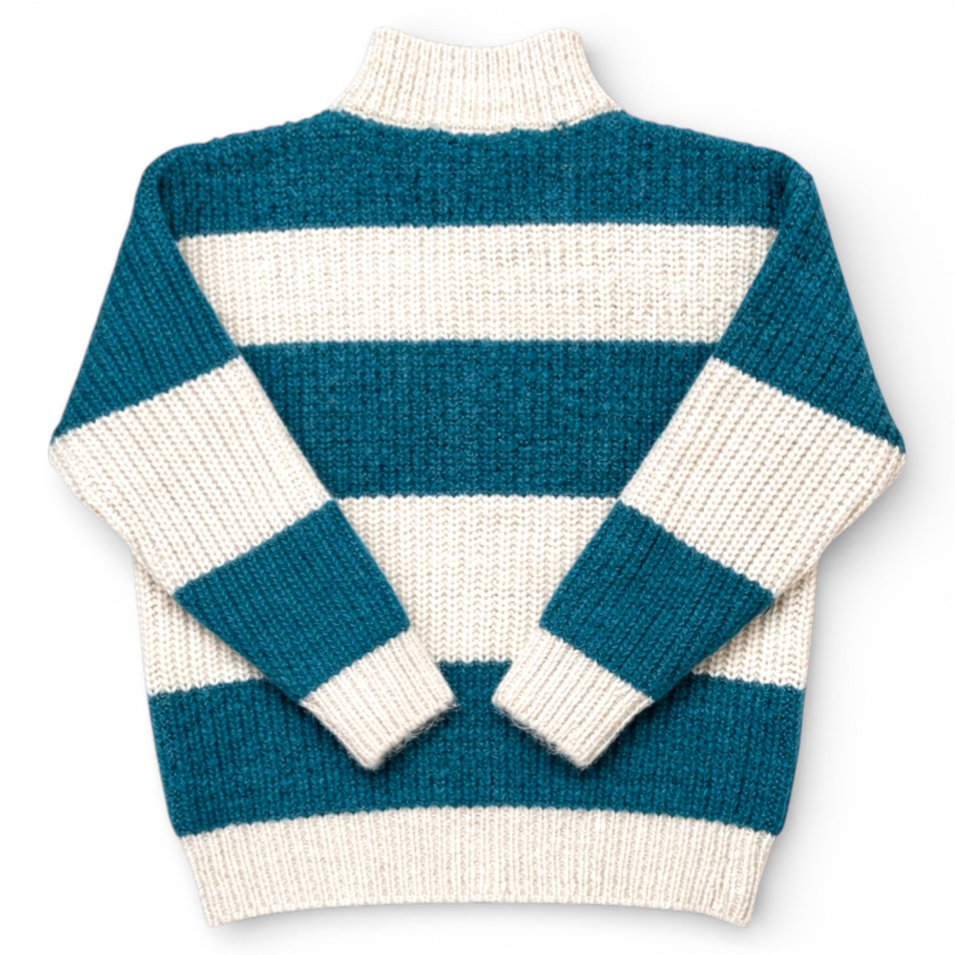 Children’s striped knitted jumper with teal and cream stripes, drop shoulder, boxy fit and turtleneck