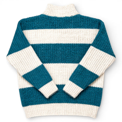 Children’s striped knitted jumper with teal and cream stripes, drop shoulder, boxy fit and turtleneck
