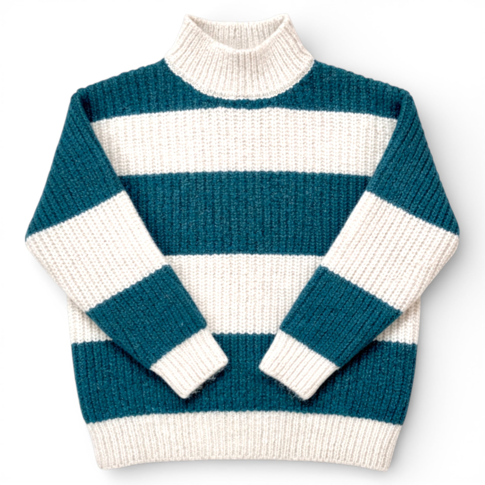 Children’s striped knitted jumper with teal and cream stripes, drop shoulder, boxy fit and turtleneck