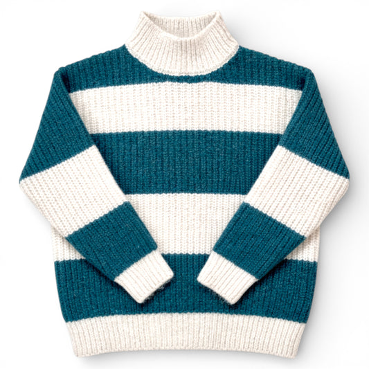 Children’s striped knitted jumper with teal and cream stripes, drop shoulder, boxy fit and turtleneck