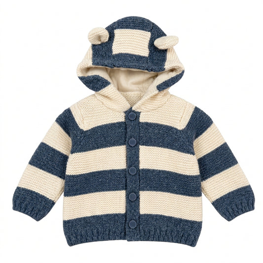 A baby knit hooded cardigan sweater with a matching hood featuring bear ears, in navy blue and cream horizontal stripes, shown on a plain white background.