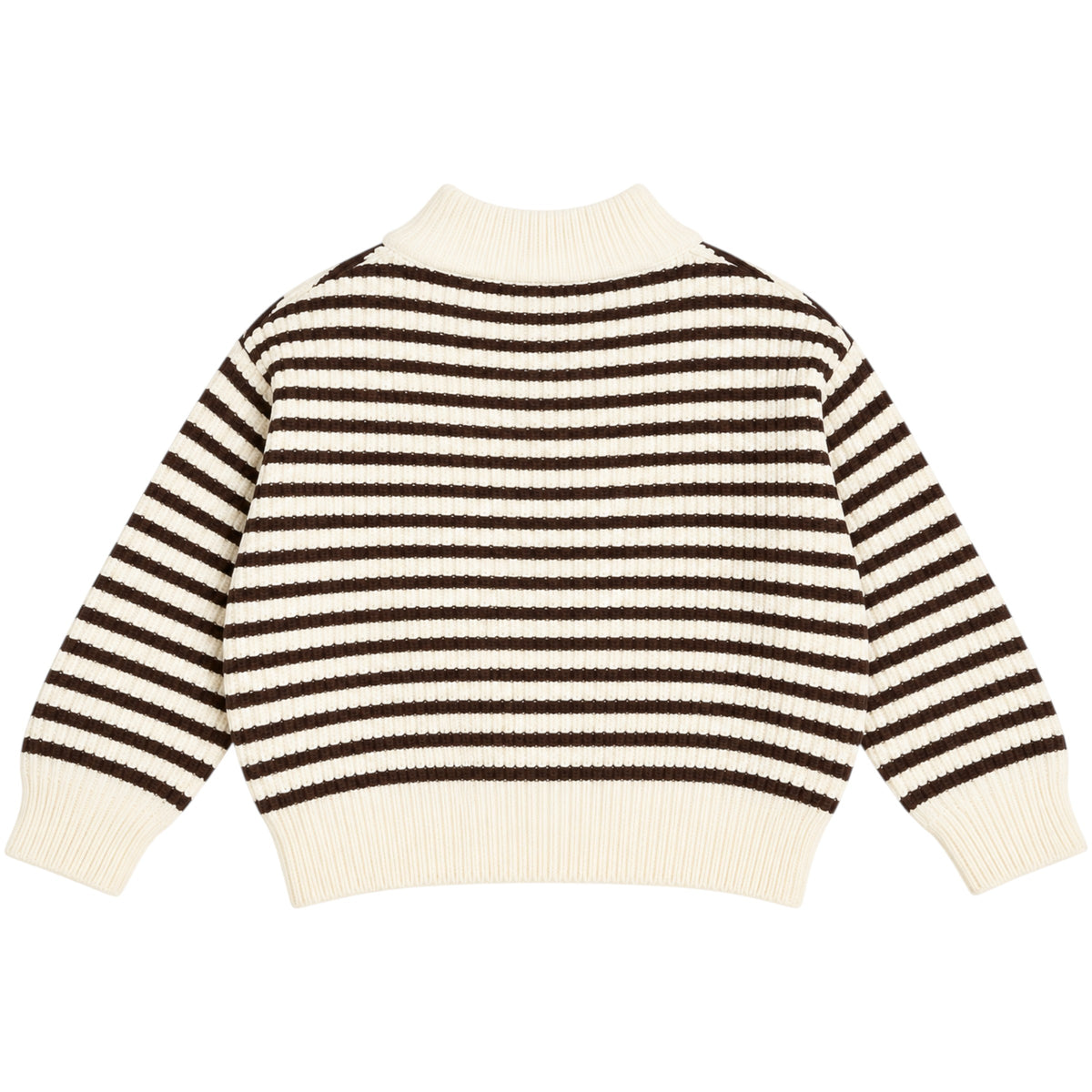 A cropped knit sweater with horizontal dark brown and cream stripes, featuring a ribbed mock neck, cuffs, and hem, shown from the back on a white background.