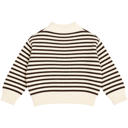 A cropped knit sweater with horizontal dark brown and cream stripes, featuring a ribbed mock neck, cuffs, and hem, shown from the back on a white background.