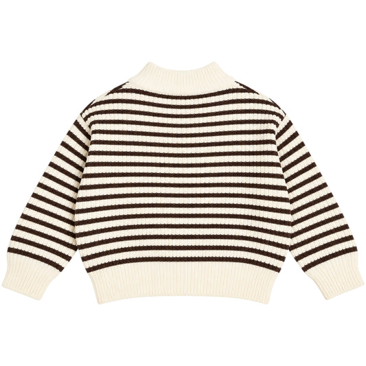 A cropped knit sweater with horizontal dark brown and cream stripes, featuring a ribbed mock neck, cuffs, and hem, shown from the back on a white background.