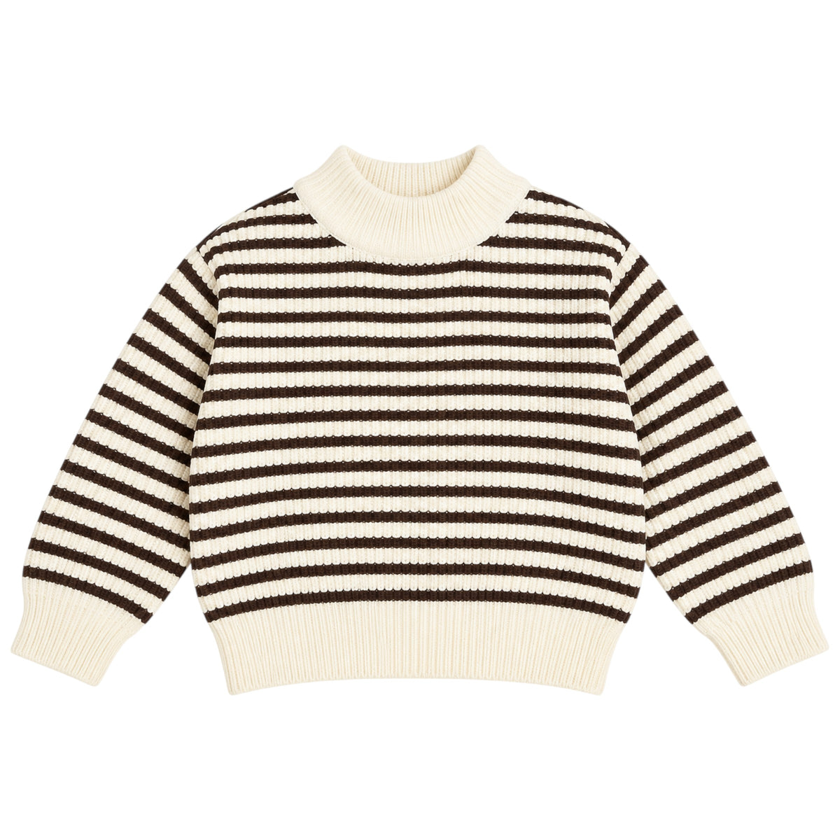 A long-sleeve knit sweater with horizontal dark brown and cream stripes, featuring a ribbed mock neck, cuffs, and hem, shown on a plain white background.