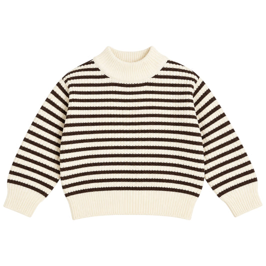 A long-sleeve knit sweater with horizontal dark brown and cream stripes, featuring a ribbed mock neck, cuffs, and hem, shown on a plain white background.