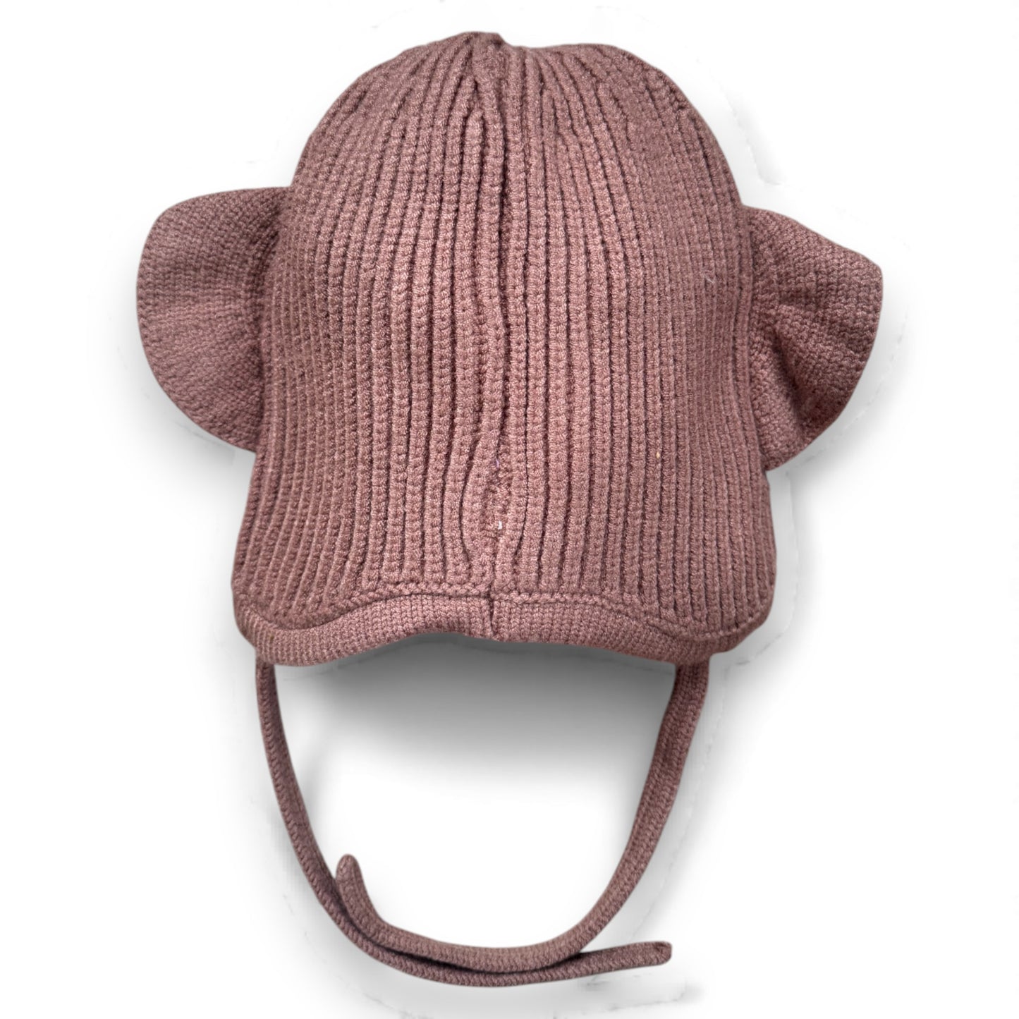 Back view of Ellie Hat in brown, cotton-lined children’s hat with ribbed knit finish