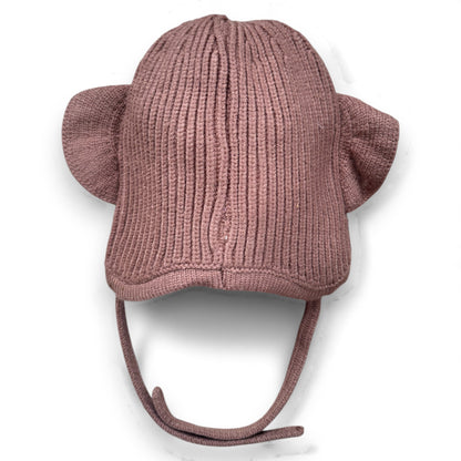 Back view of Ellie Hat in brown, cotton-lined children’s hat with ribbed knit finish