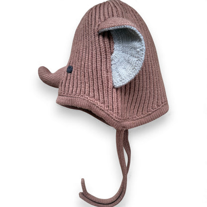 Side view of Ellie Hat, brown cotton children’s hat showing ear coverage and chin ties