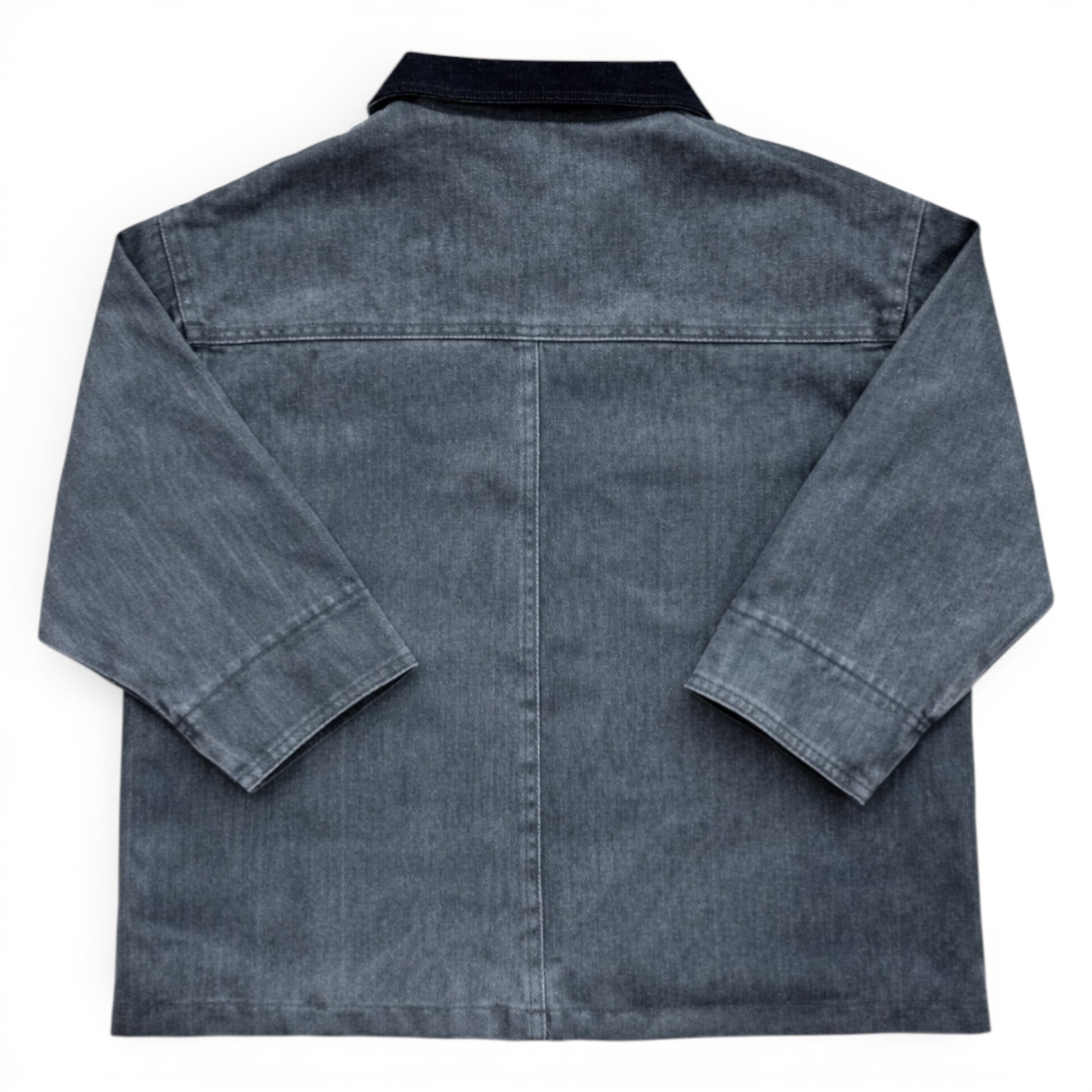 Back view of charcoal denim boxy jacket with contrast cord collar.