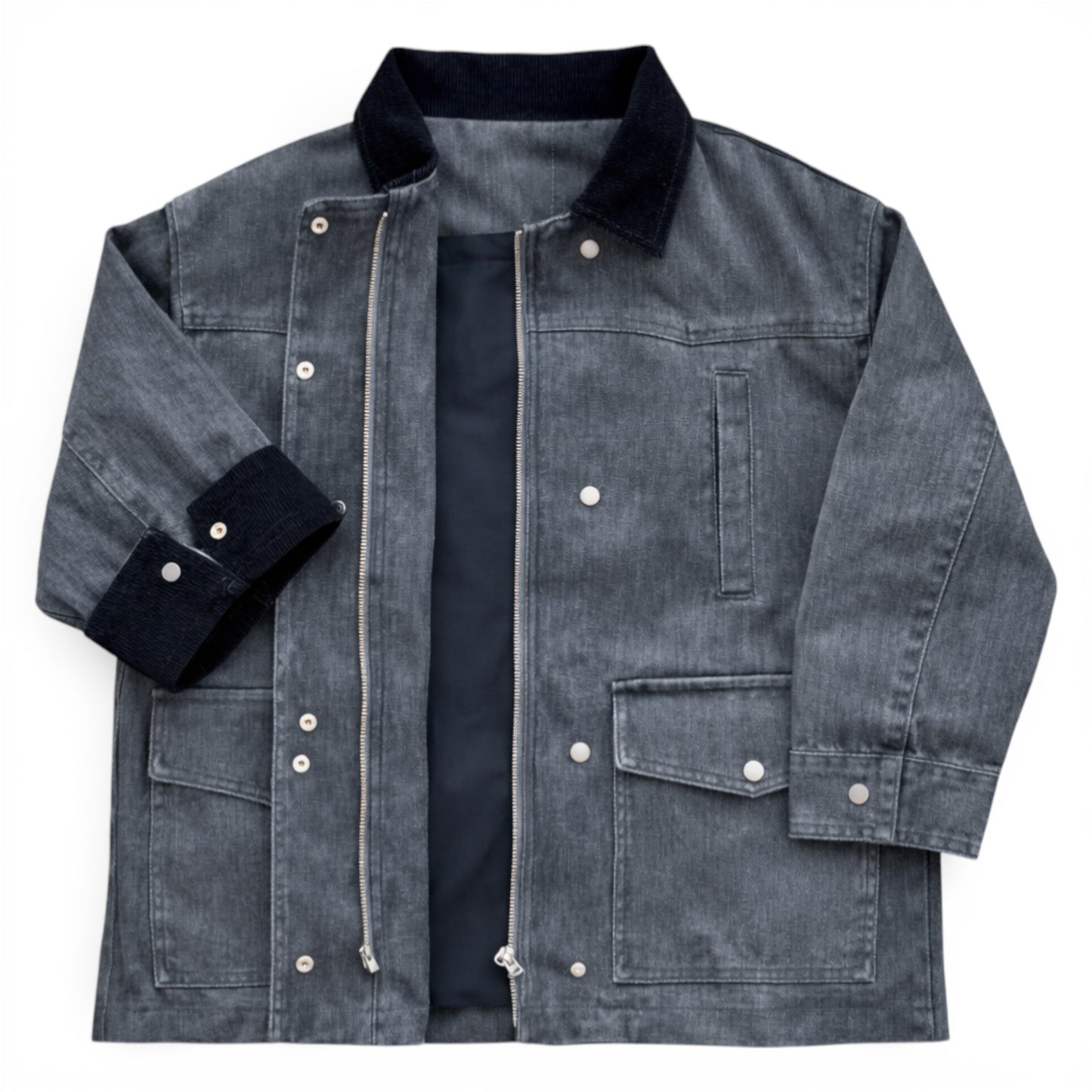 Open charcoal denim jacket showing organic cotton lining and zip fastening