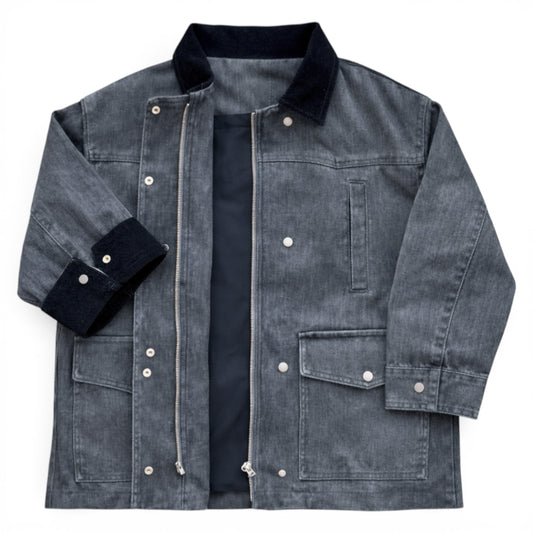 Open charcoal denim jacket showing organic cotton lining and zip fastening