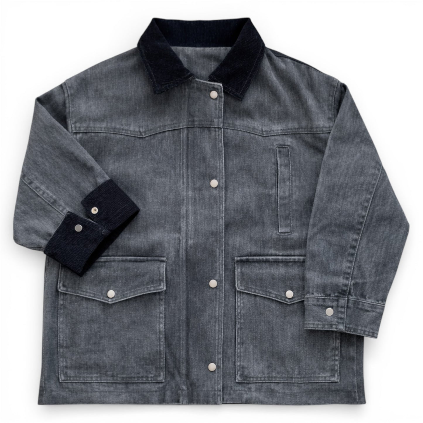 Charcoal denim boxy jacket with corduroy collar and popper large patch pockets