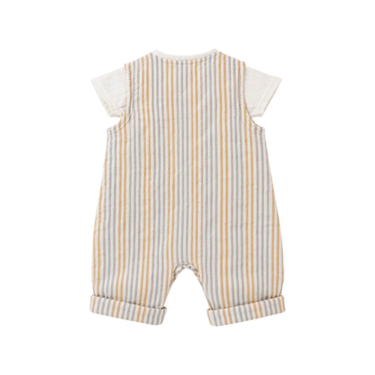 Farm Romper back view, striped sleeveless baby romper with turn-up cuffs.