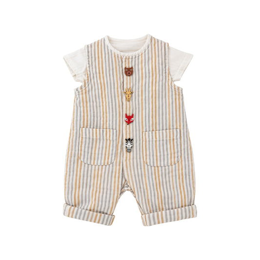 Farm Romper front view, striped sleeveless baby romper with animal-shaped buttons, two front patch pockets and turn-up cuffs.