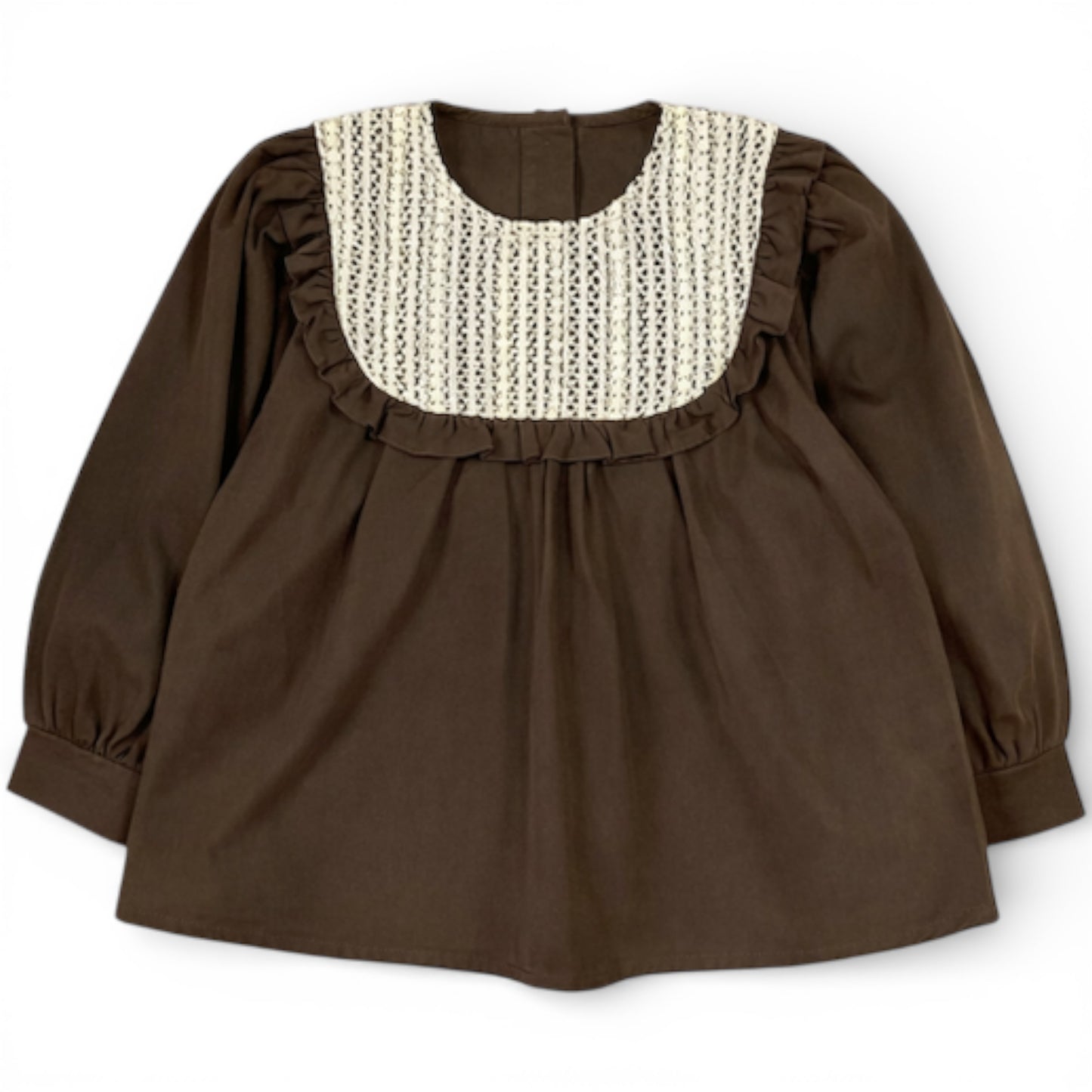 Cotton drill smock top with lace bib front and balloon sleeves