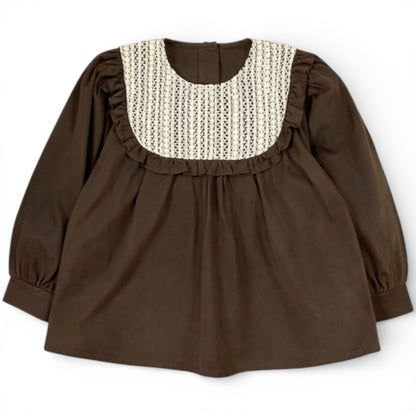 Cotton drill smock top with lace bib front and balloon sleeves
