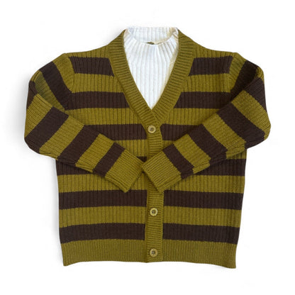 Children’s striped mock cardigan jumper with integrated turtle neck infill and drop shoulder fit by That’s Not Fair London