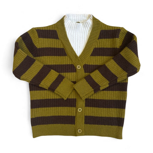 Children’s striped mock cardigan jumper with integrated turtle neck infill and drop shoulder fit by That’s Not Fair London