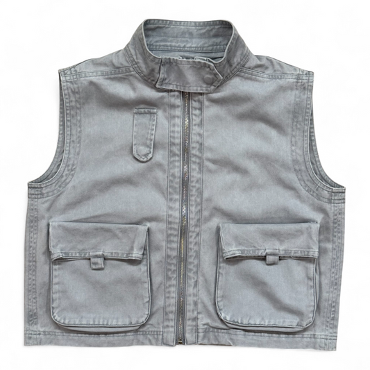 Soft grey washed-denim children’s gilet with high neck, zip front and oversized pockets by That’s Not Fair London