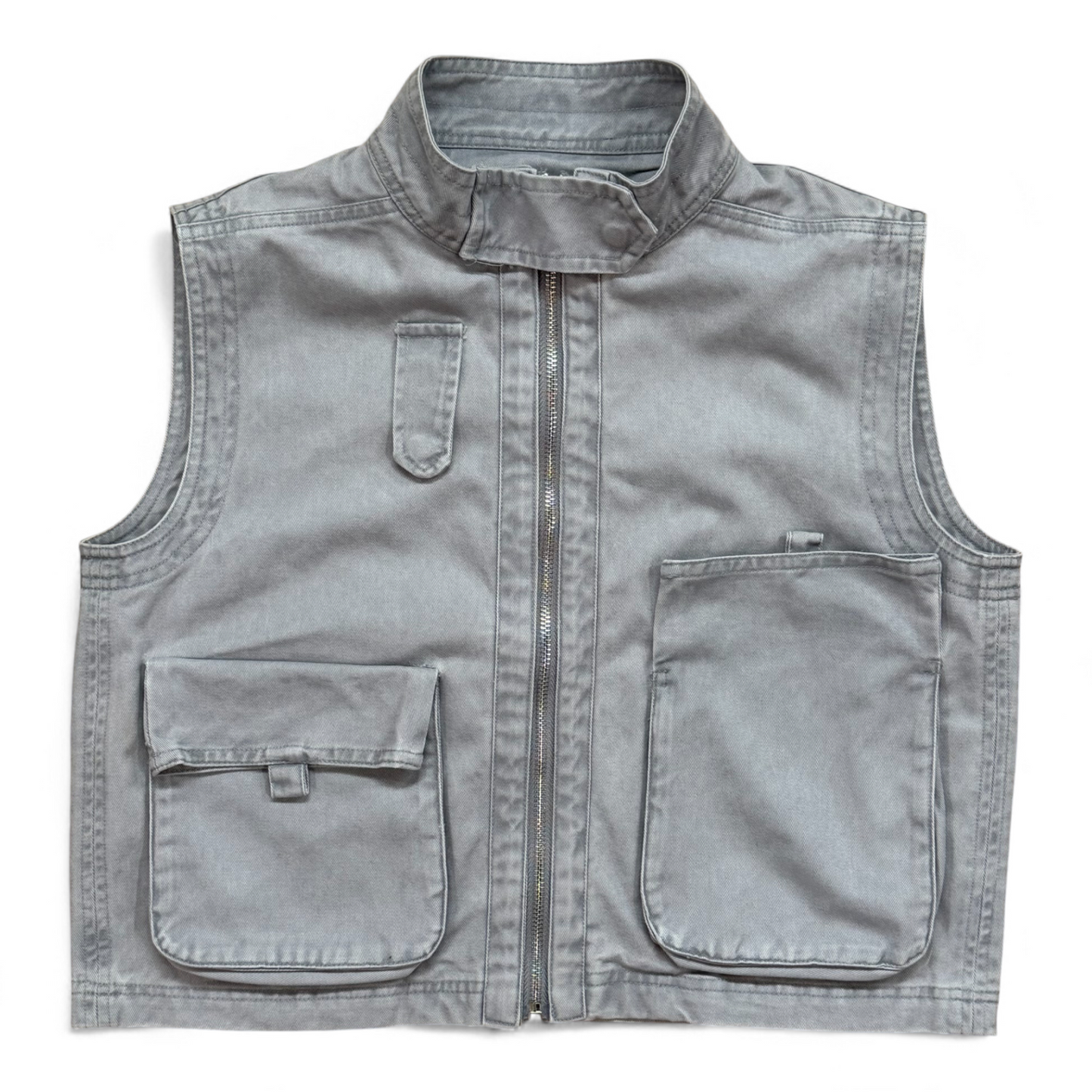 Washed-denim box-fit gilet with high collar and utility pocket detail by That’s Not Fair London