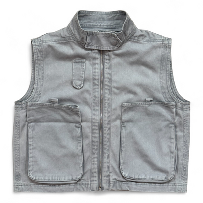 Close-up of washed-denim gilet pocket and stitching by That’s Not Fair London