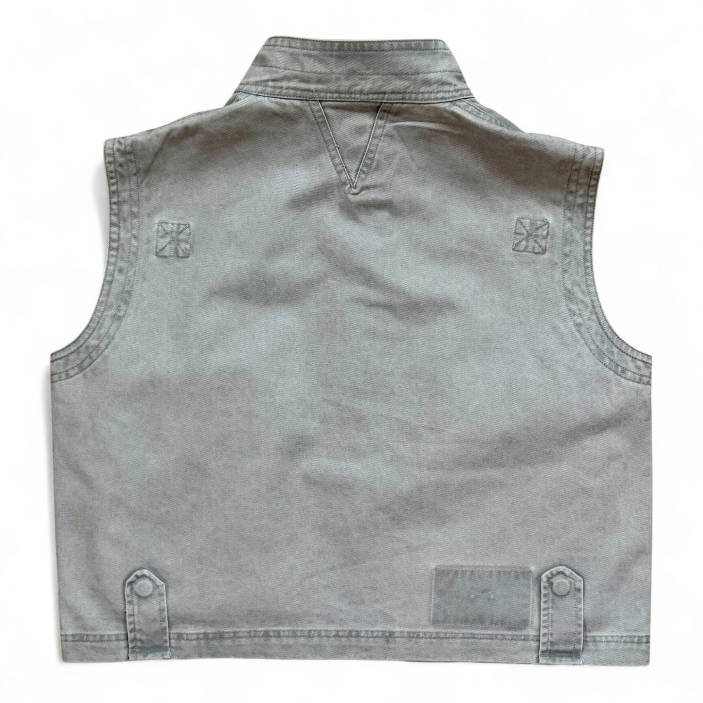 Back view of soft washed-denim children’s gilet with boxy fit and reinforced seams by That’s Not Fair London
