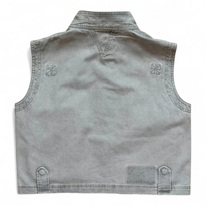 Back view of soft washed-denim children’s gilet with boxy fit and reinforced seams by That’s Not Fair London