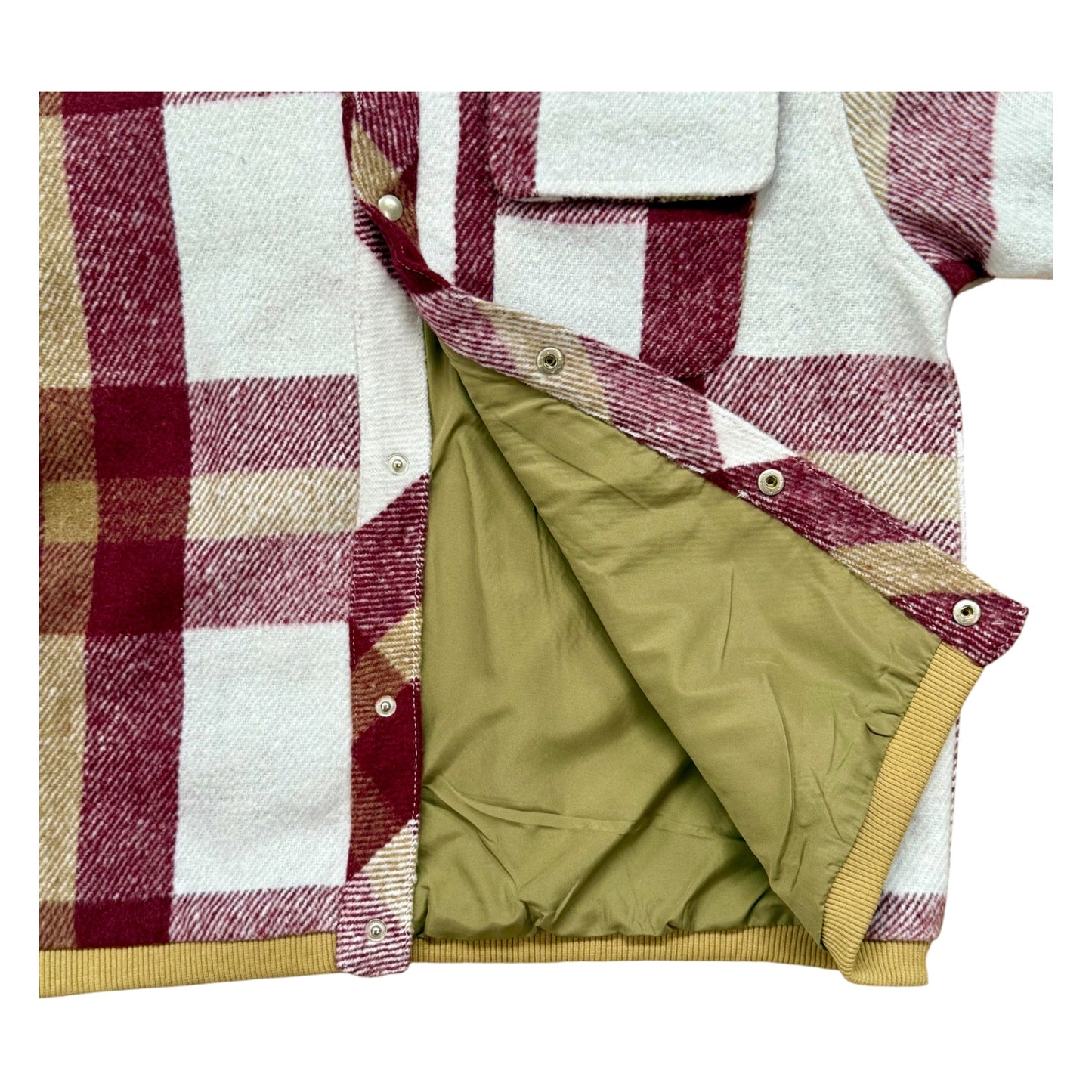 Checked wool-blend children’s shacket with ribbed cuffs, rounded collar and popper fastening. - Lining