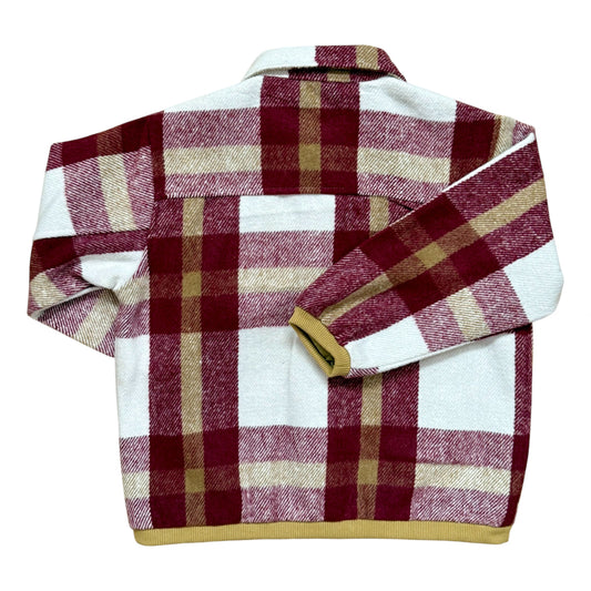 Checked wool-blend children’s shacket with ribbed cuffs, rounded collar and popper fastening.
