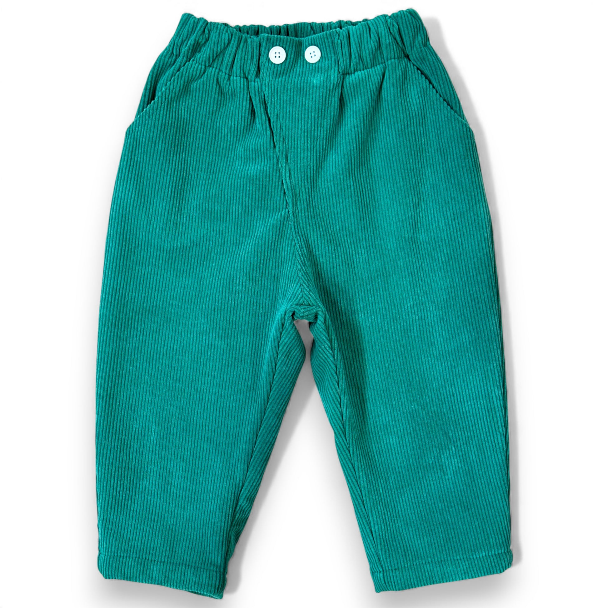 Apple green children’s balloon trousers with crossover waist panel and elastic waistband.
