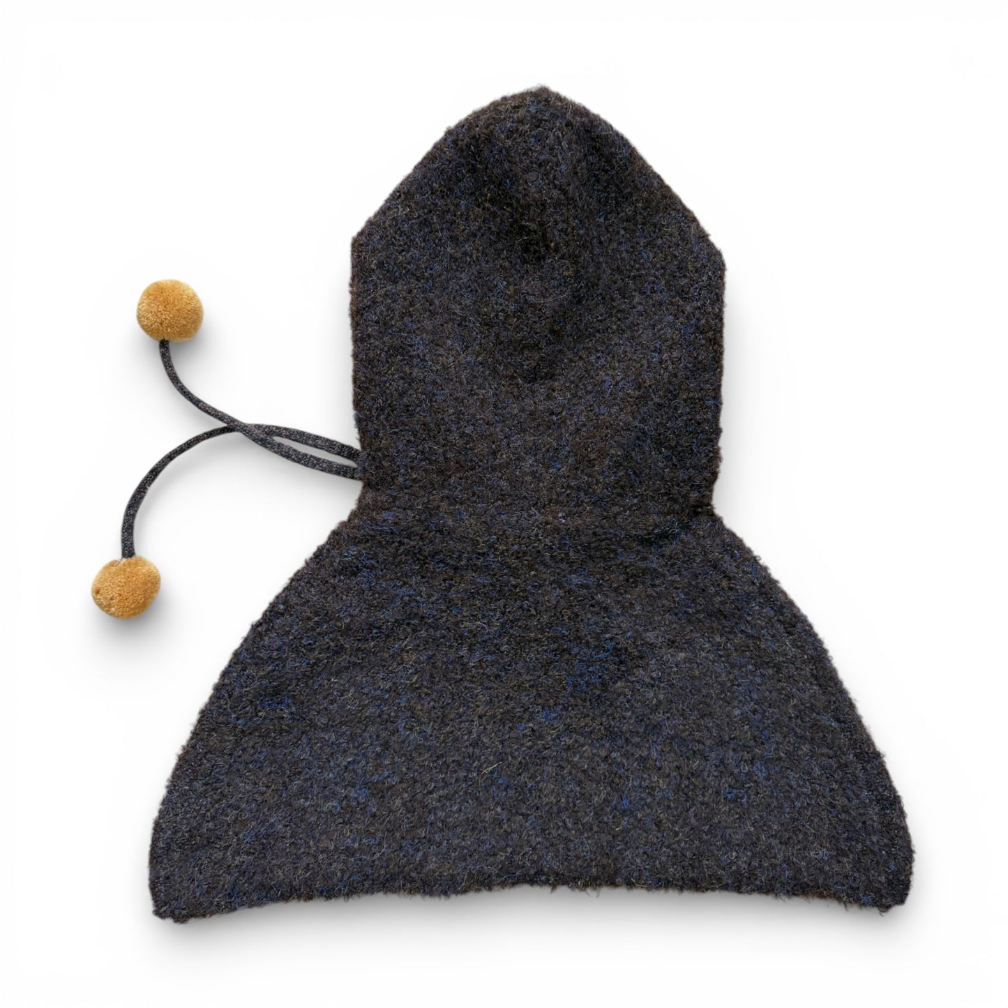 Back view of children’s wool hooded shoulder cape with extended shoulder coverage, designed as a warm under-coat layering piece.