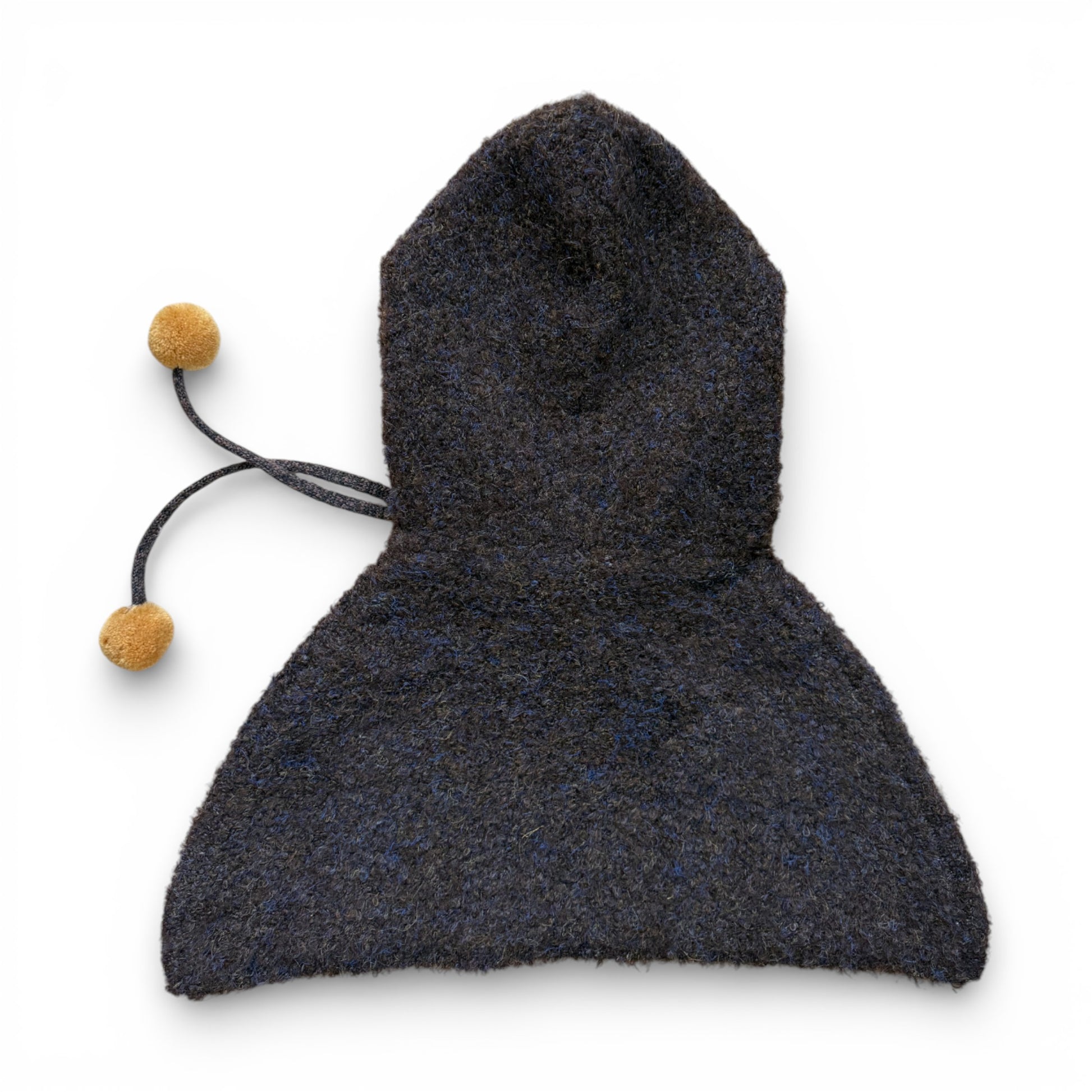 Back view of children’s wool hooded shoulder cape with extended shoulder coverage, designed as a warm under-coat layering piece.