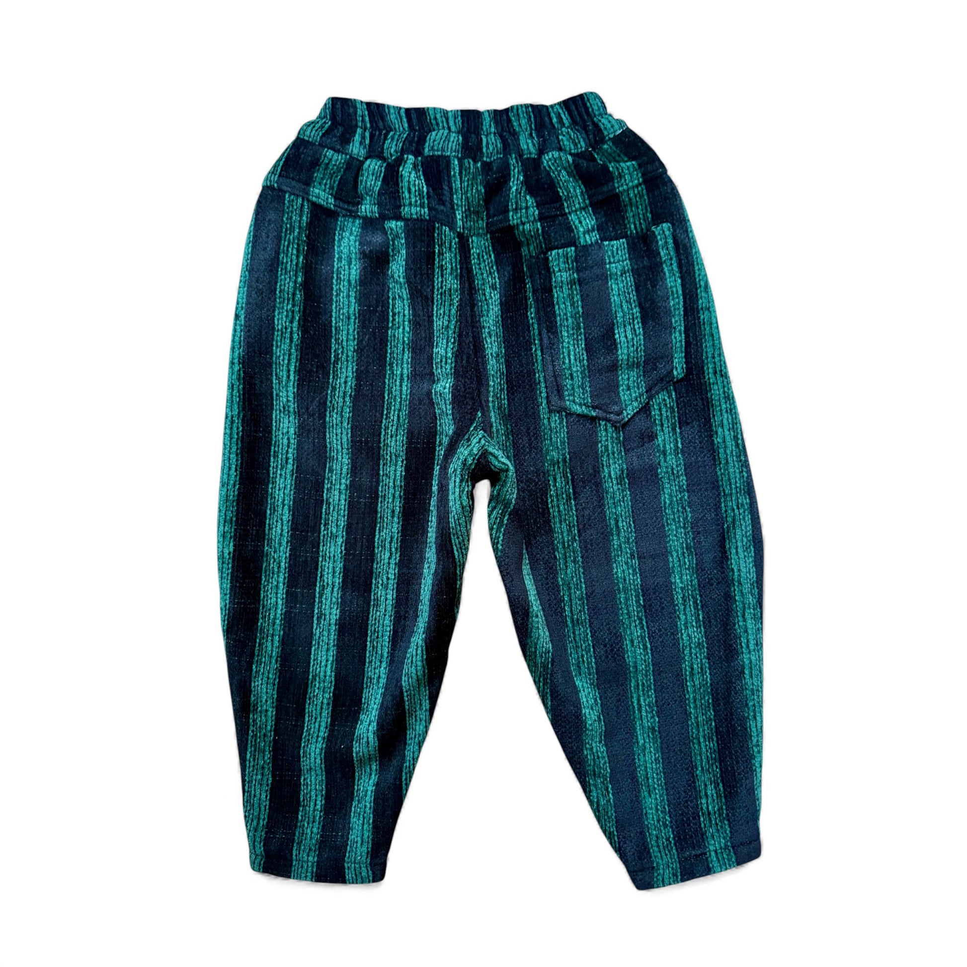 Back View - Mario Pants in striped velour cord with balloon silhouette and fleece lining by That’s Not Fair London