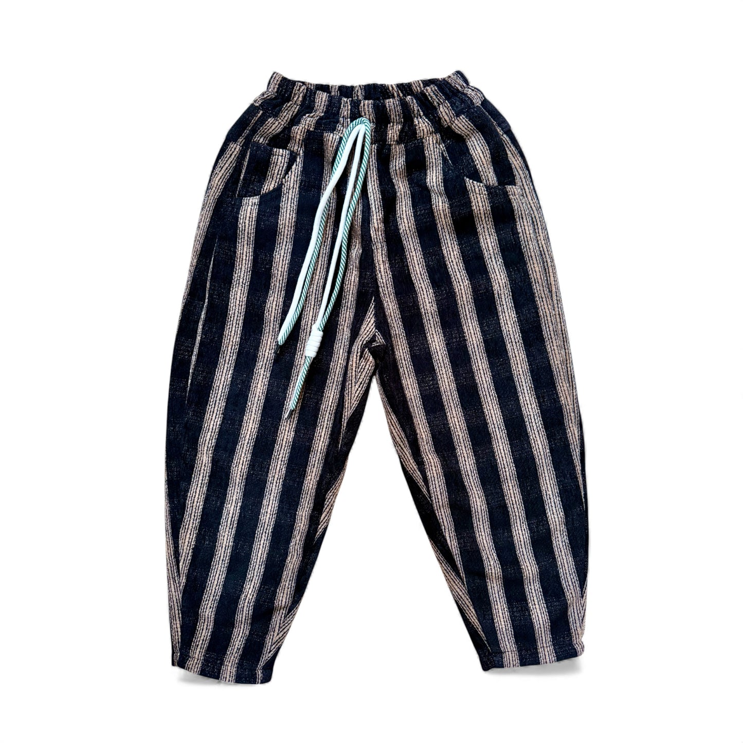 Front View - Mario Pants in striped velour cord with balloon silhouette and fleece lining by That’s Not Fair London