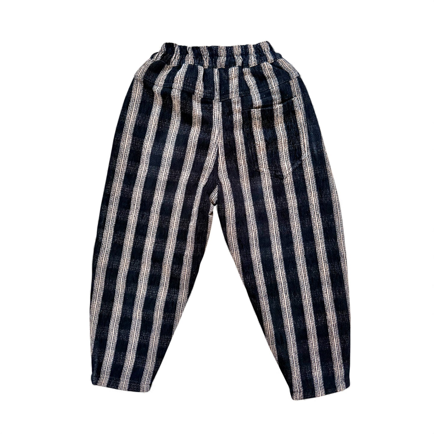 Back View - Mario Pants in striped velour cord with balloon silhouette and fleece lining by That’s Not Fair London