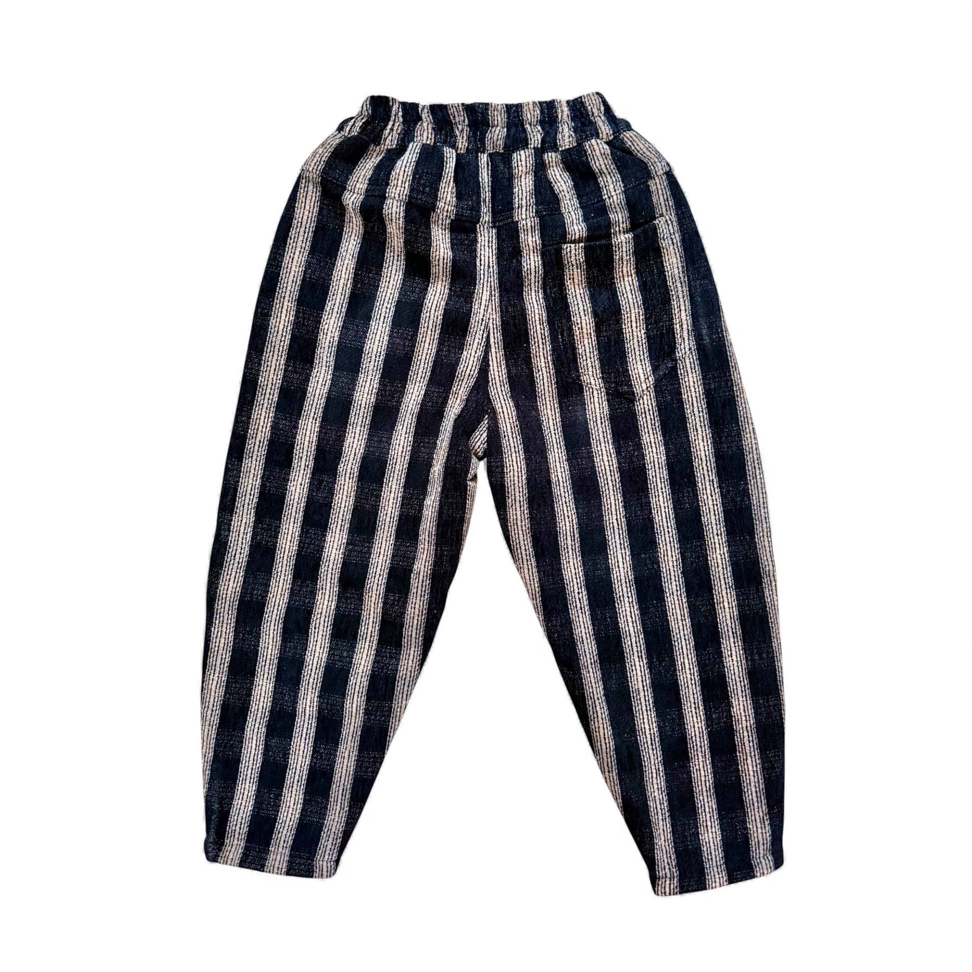 Back View - Mario Pants in striped velour cord with balloon silhouette and fleece lining by That’s Not Fair London