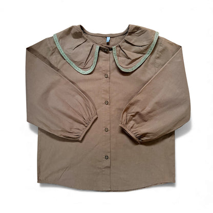 Bansara Shirt in coco brown with oversized darted peter pan collar and lace trim